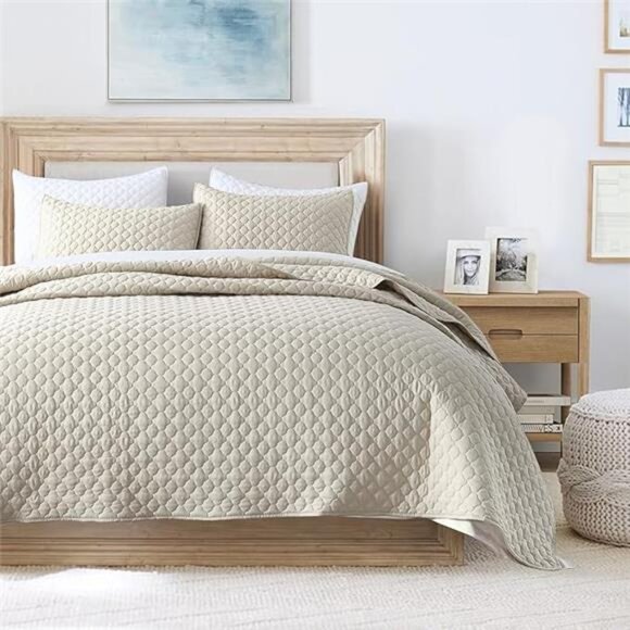 Quilt Set Queen Size Beige Bedspread, Modern Style Quilted Clouds Pattern Soft - Picture 8 of 8